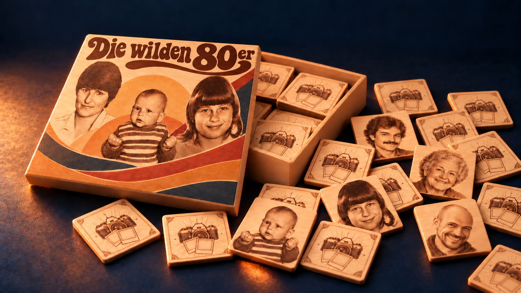 Die wilden 80er: Familien-Memory mit gestalteter Holzschachtel und locker verteilten Foto-Plättchen