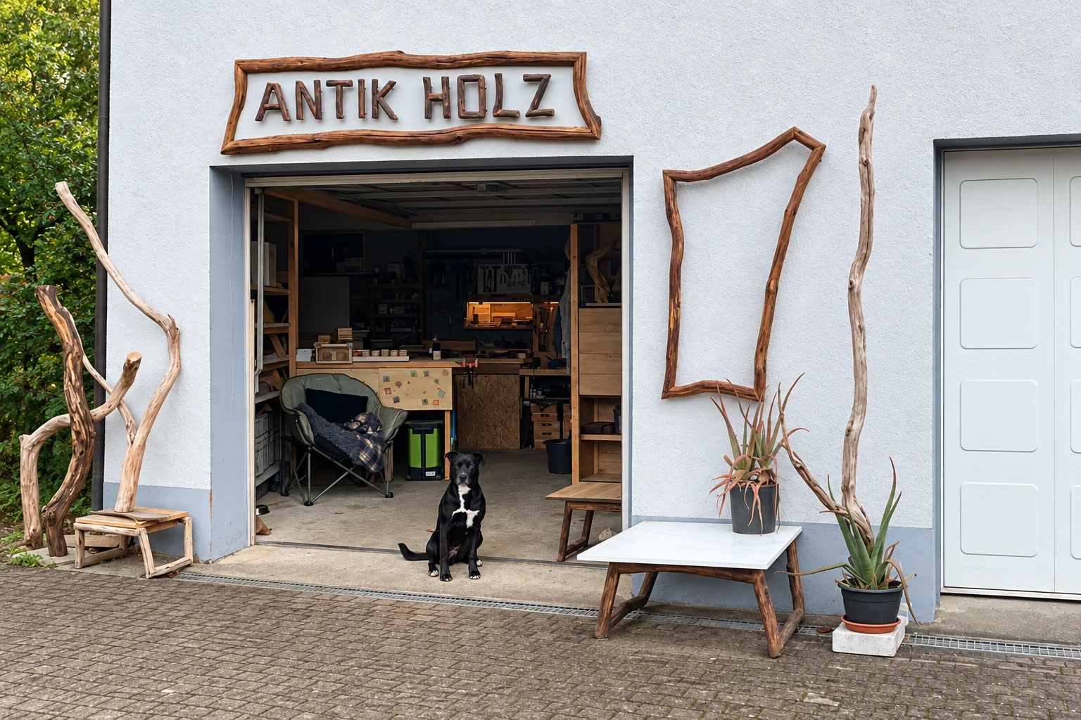 Werkstatteingang mit dem Holzschild ANTIK HOLZ über der offenen Tür