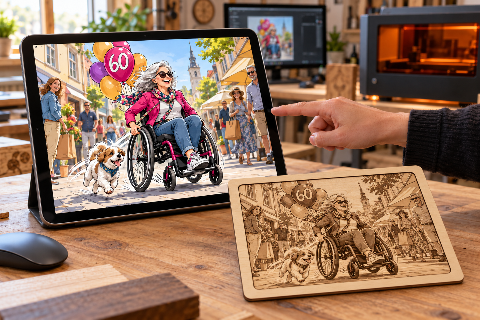 Persönliche Geschenkidee vom iPad-Entwurf zur gerahmten Holzgravur
